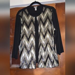 Travelers By Chicos Black and Gold Chevron Sequin Cardigan